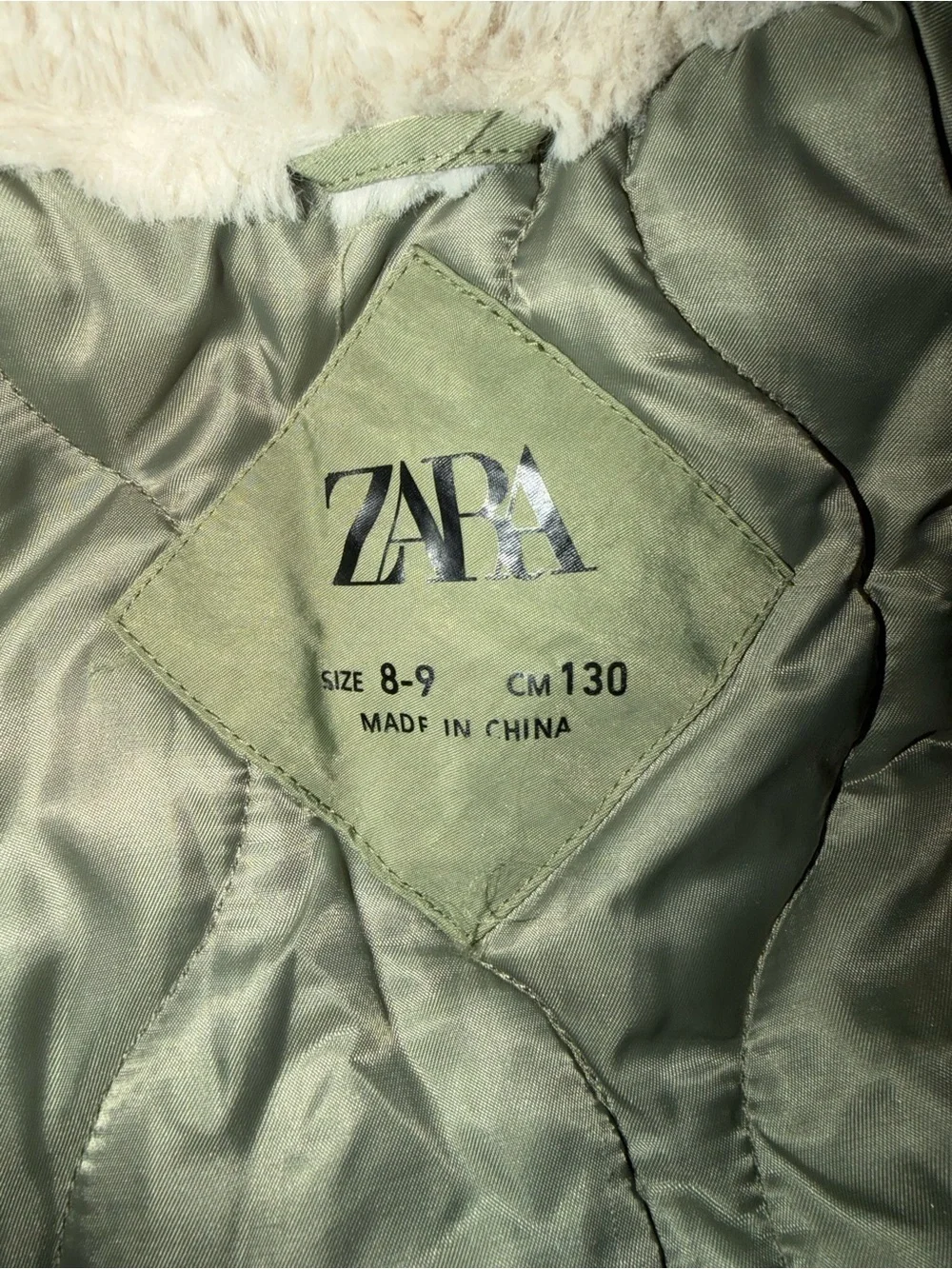 Zara Kids Olive Green Puffer Jacket with Faux Fur Collar